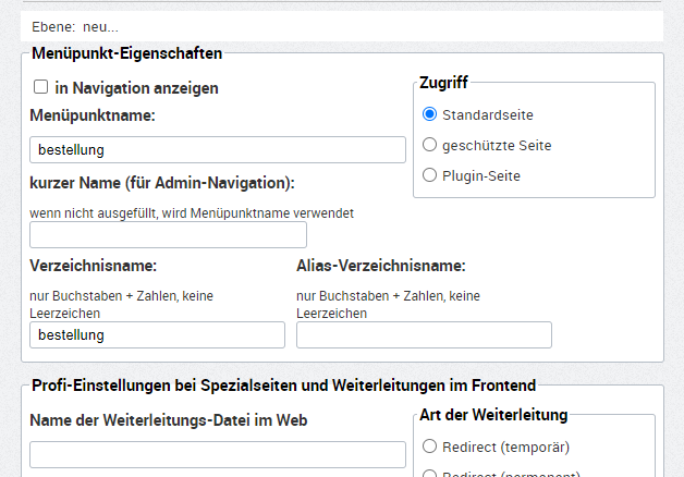 Menüpunkt erstellen